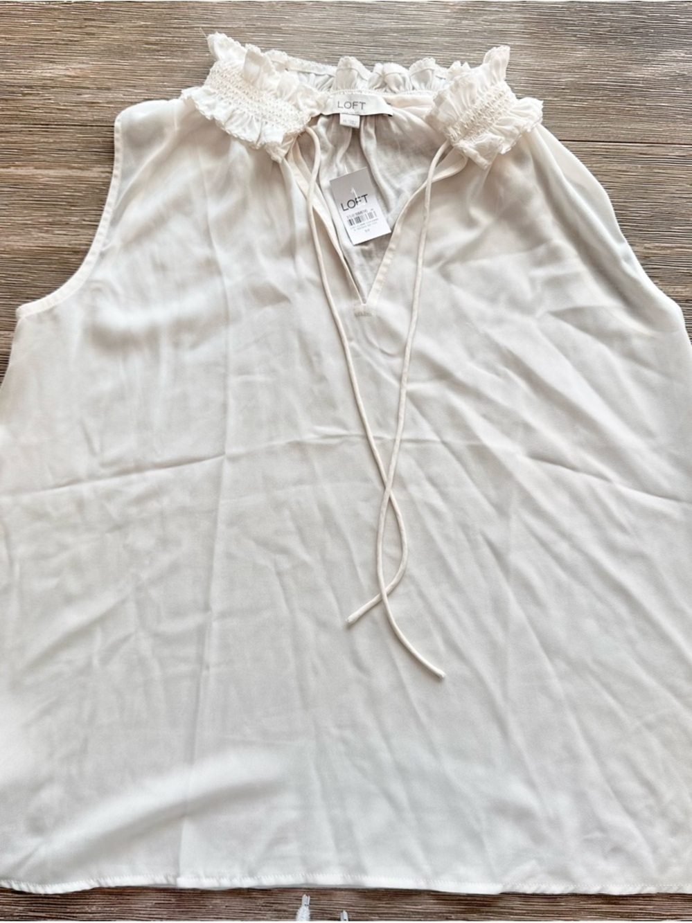 LOFT Ivory Lace-Trim Tie-Neck Sleeveless Top